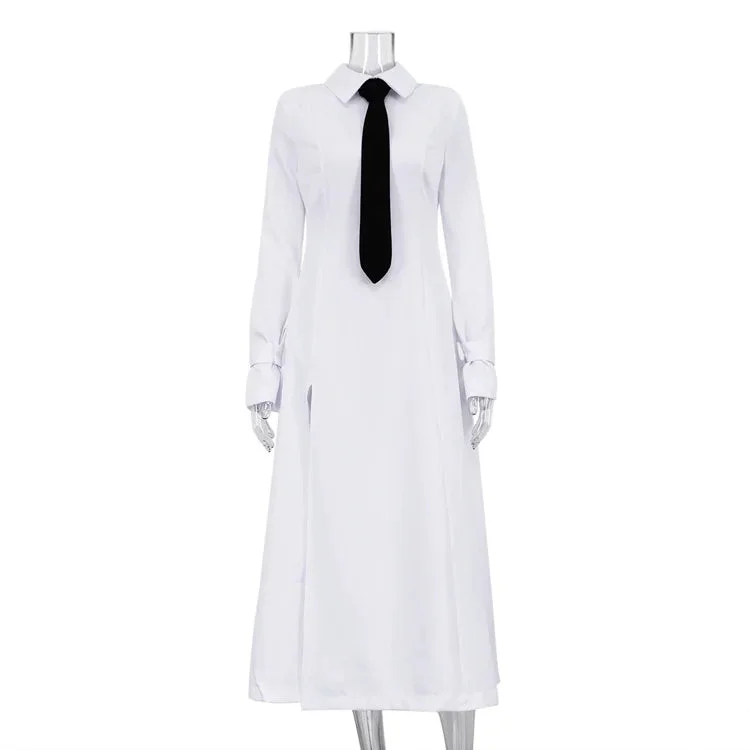 Lunivop Side Slit Long Dress For Women White Elegant Turn Collar Tie Midi Dresses Femme 2024 New Street Loose Slender Dress Woman