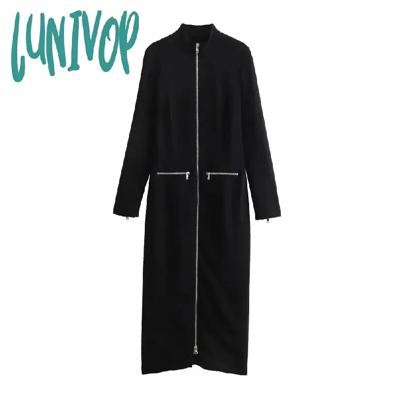 Lunivop Zipper Design Midi Dresses For Women New Elegant Sexy Long Sleeve Half High Collar Slim Long Dress Femme Simple Fashion Vestidos