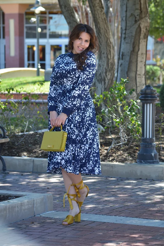 Parga Navy Muted Floral Crochet Dress