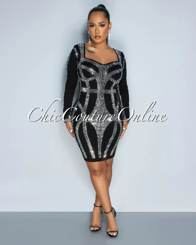 Sabana Black Rhinestones Pattern Long Sleeves Dress