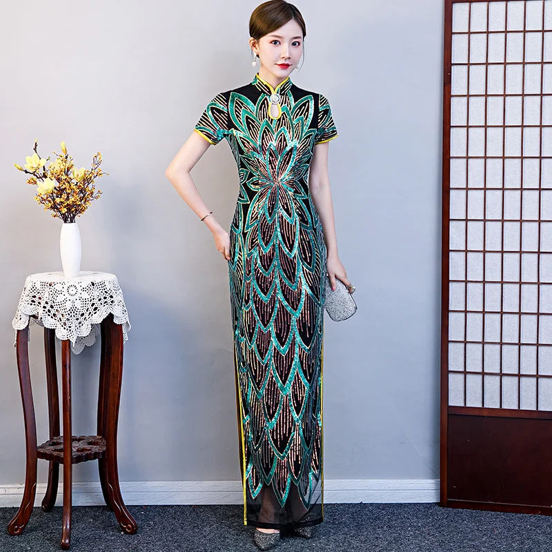 Short Sleeve Full Length Peacock Feather Sequins Cheongsam Chinese Dress