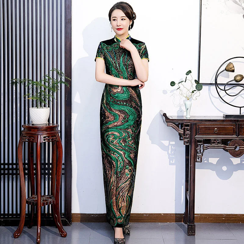 Short Sleeve Full Length Traditional Cheongsam Chinese Dress Evening Gown