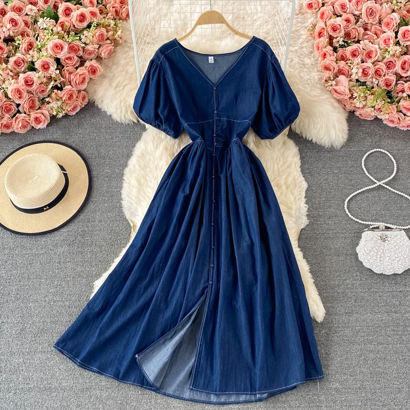 Simple V Neckline Denim Dress A Line Fashion Dress  10836