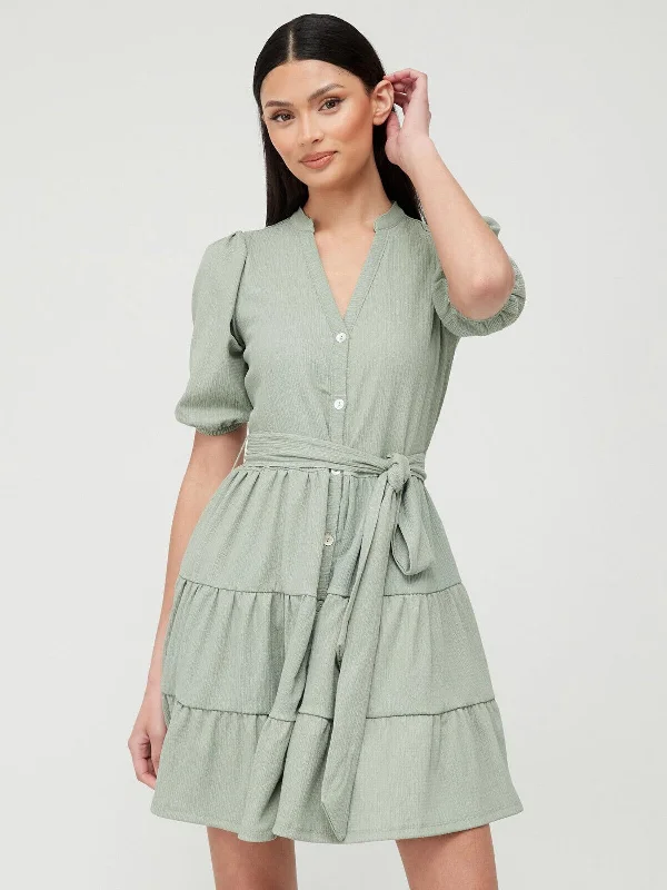 Tiered Button Up Mini Dress - Sage Green. UK 16 ** V270