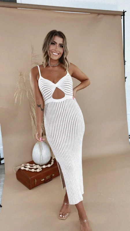 ECB Exclusive: Going Coastal Striped Dress, Ivory & Tan