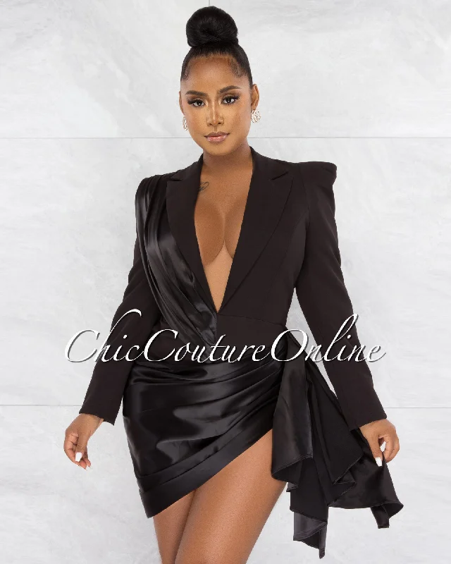 Vilina Black Silky Draped Overlay Bodysuit Dress