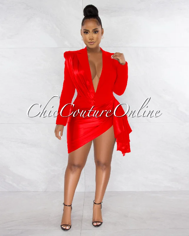 Vilina Red Silky Draped Overlay Bodysuit Dress