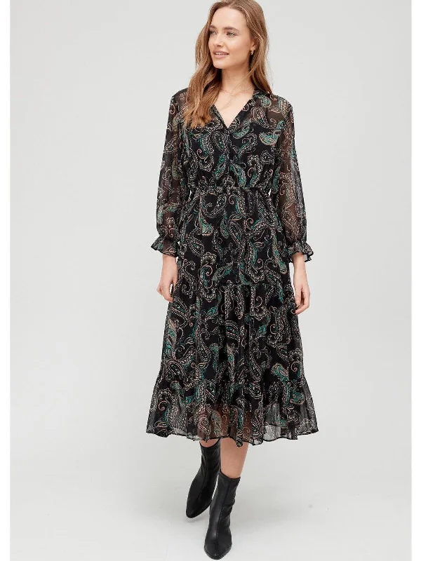 Womens V Neck Printed Midi Dress - Paisley Print. UK 12 **** V376