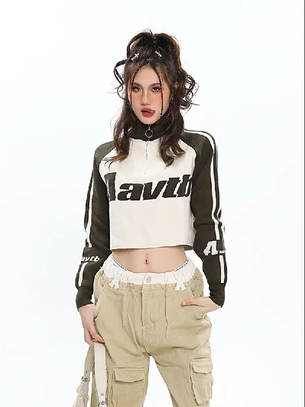 Aavtb Graphic Letter Long Sleeve Knitted Cropped Sweater Top