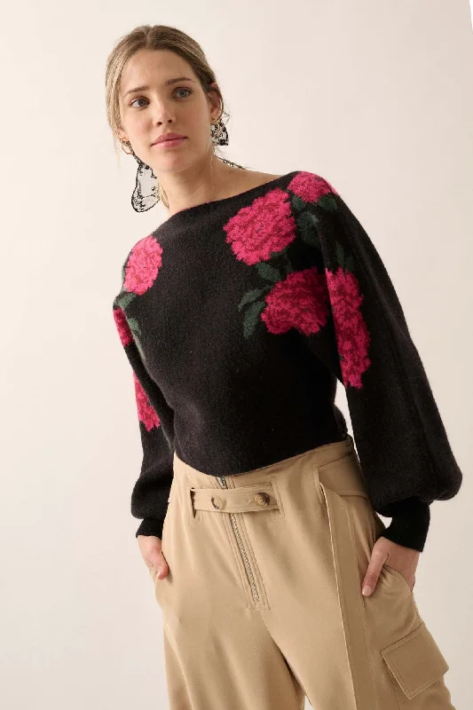 Autumn Blooms Floral Knit Boat Neck Sweater