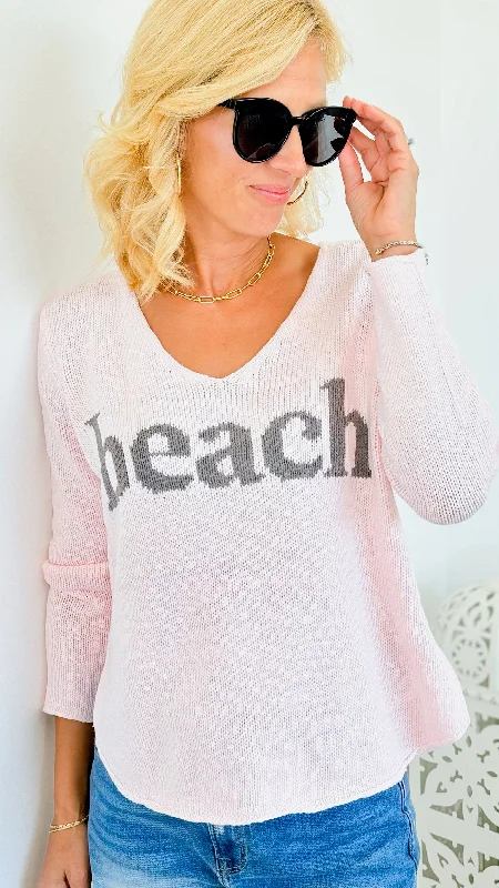 Beach V-Neck Knit Sweater- Blush