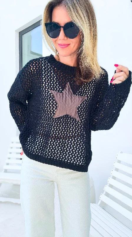 Star Patch Open Knit Sweater - Black