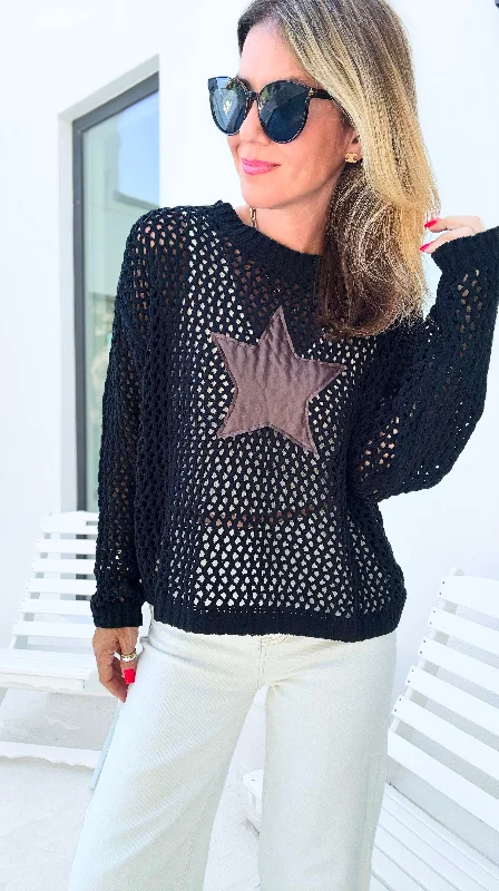 Star Patch Open Knit Sweater - Black