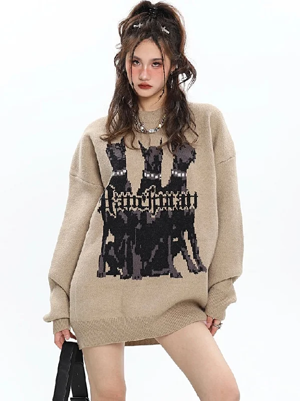 Dobermann Graphic Print Solid Color Long Sleeve Knitted Sweater