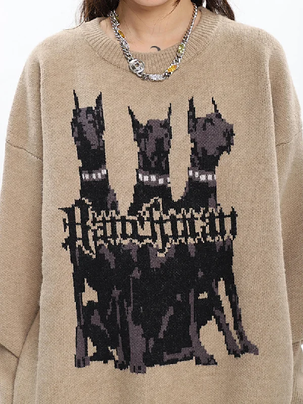 Dobermann Graphic Print Solid Color Long Sleeve Knitted Sweater