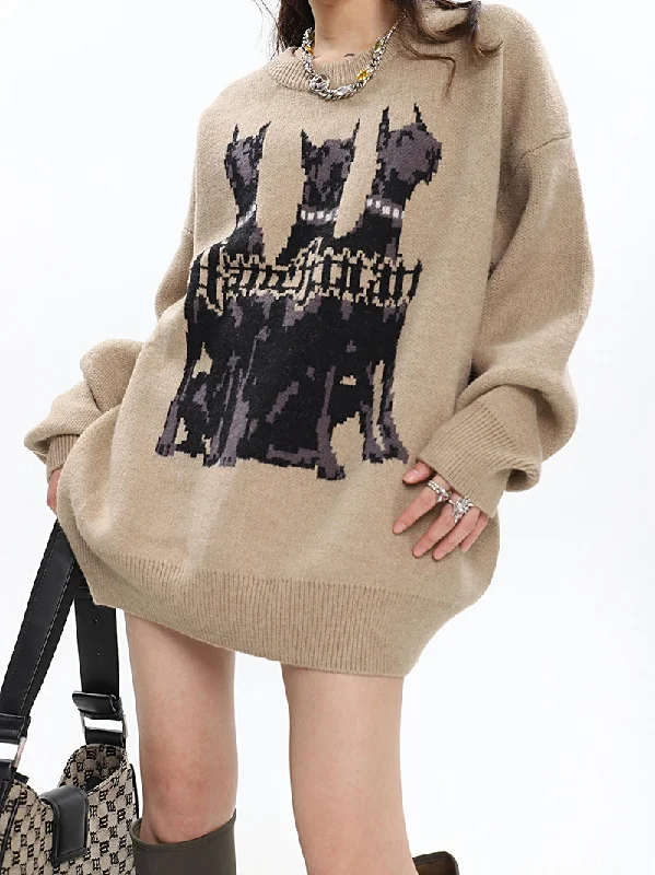 Dobermann Graphic Print Solid Color Long Sleeve Knitted Sweater