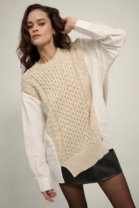 Double Take Mixed Media Cable Knit Sweater