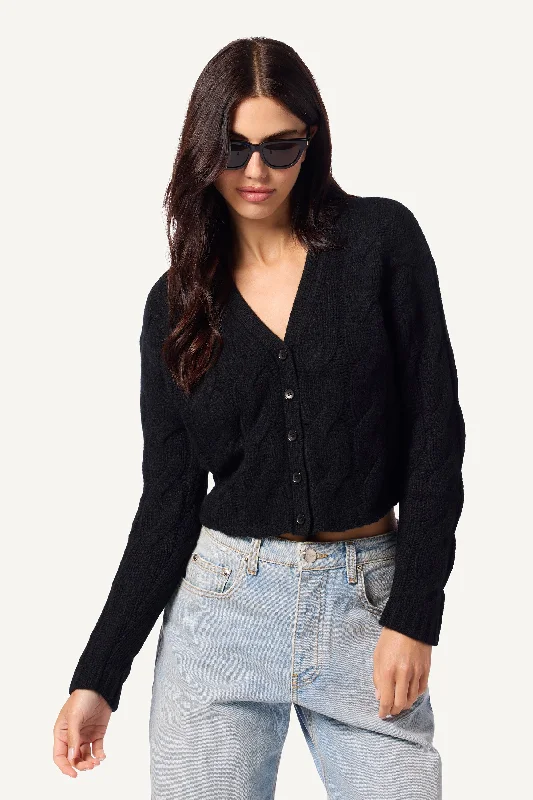 JOLIE V-NECK CROPPED CABLE CASHMERE CARDIGAN | BLACK