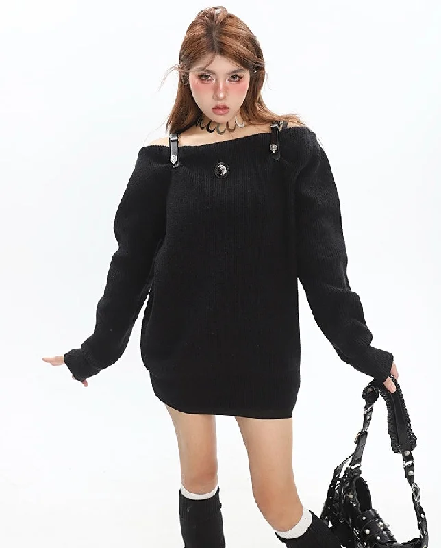 Kathy Solid Color Ribbed Long Sleeve Leather Strap Off The Shoulder Sweater