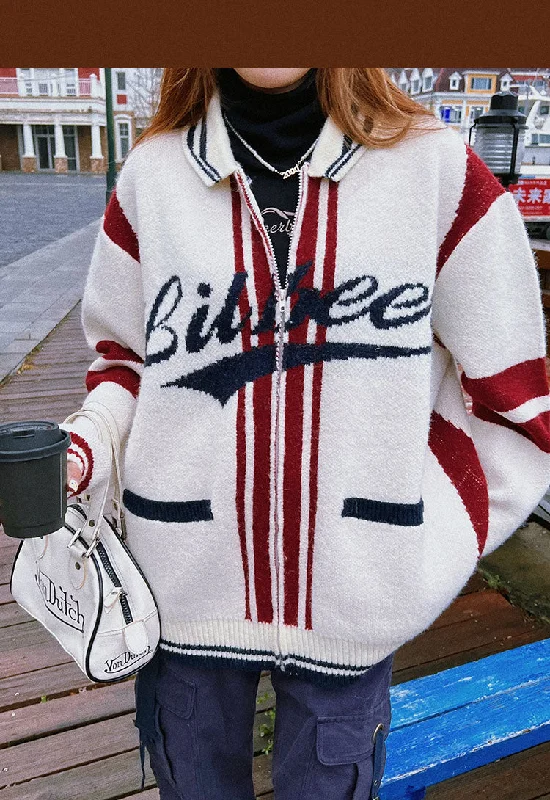 Lil beer Letter Print Stripe Zip Up Long Sleeve Sweater