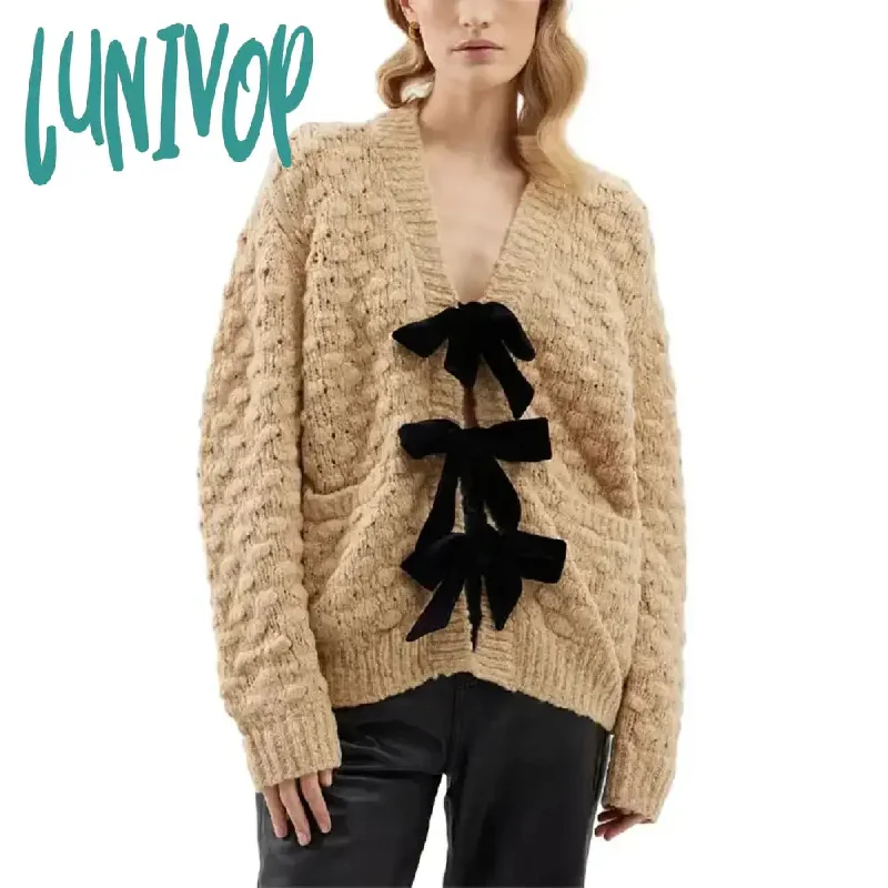 Lunivop Women's Black Bow Knit Crochet Cardigan V Neck Long Sleeve Oversized Commuete Office Sweater 2024 Spring Casual Lady Chic Tops