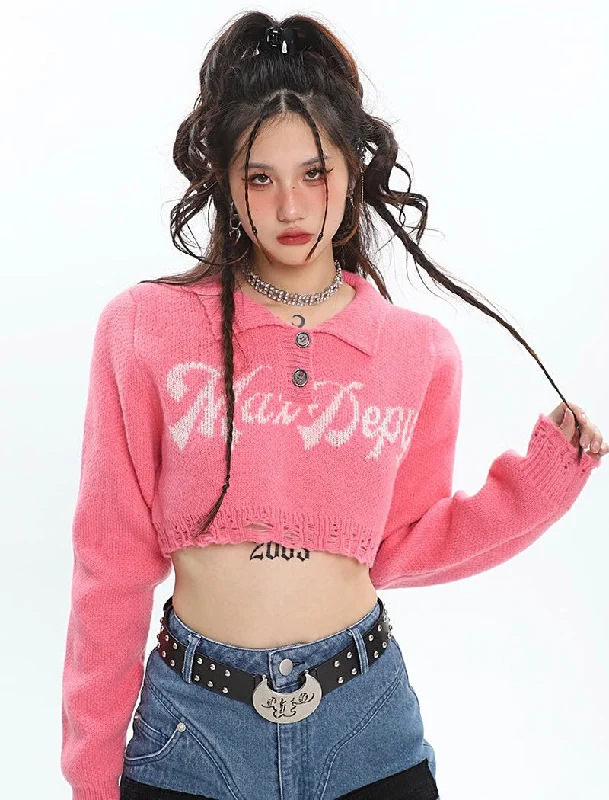 Mai Depy Solid Color Knitted Long Sleeve Button Up Cropped Sweater Top