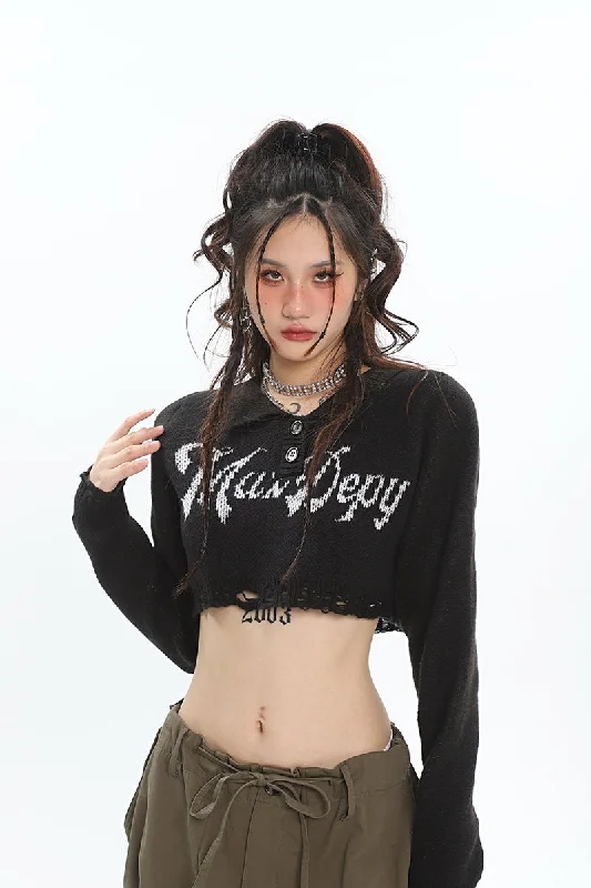 Mai Depy Solid Color Knitted Long Sleeve Button Up Cropped Sweater Top