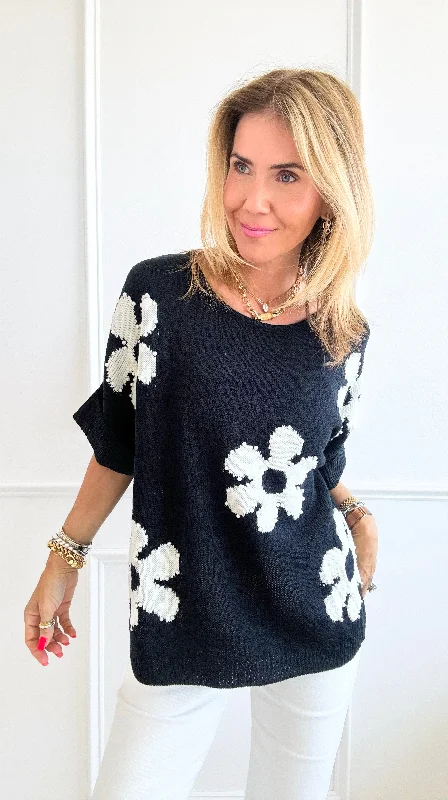 Pearled Flower Sweater - Black