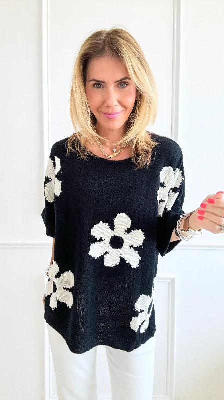 Pearled Flower Sweater - Black