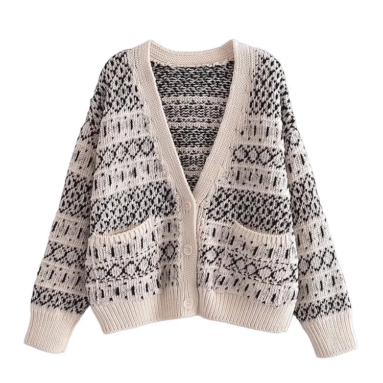 Retro lazy jacquard knitted cardigan coat sweater  7463