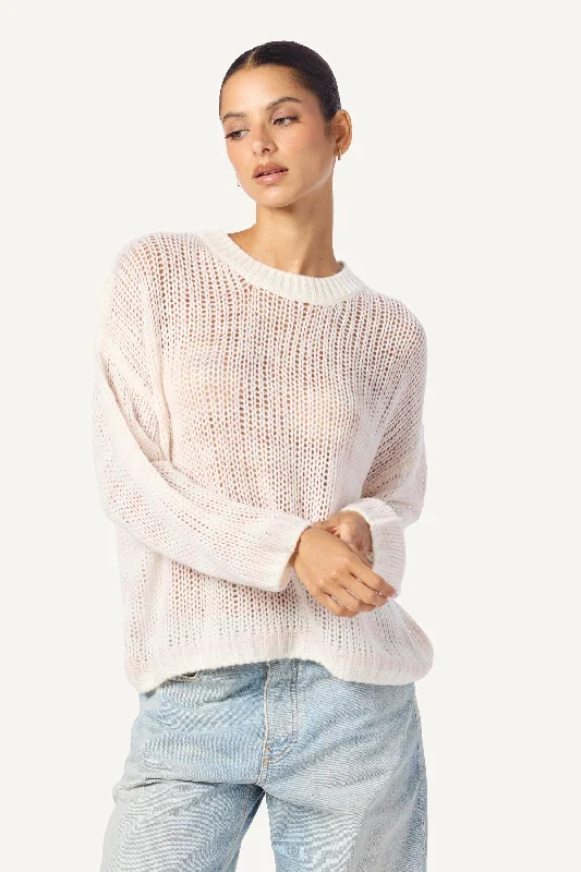 SHEYLA SLOUCHY OPENKNIT CASHMERE STRIPPED CREWNECK PULLOVER | MALLOW