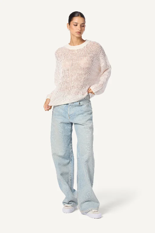 SHEYLA SLOUCHY OPENKNIT CASHMERE STRIPPED CREWNECK PULLOVER | MALLOW