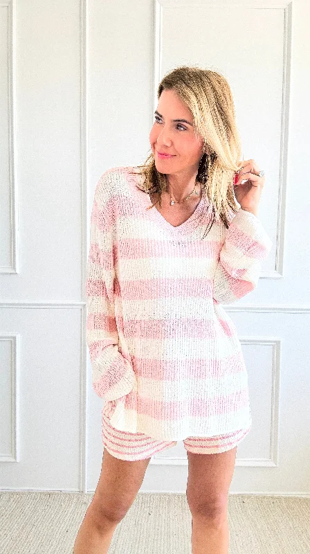 Striped V-Neck Sweater - L.Pink