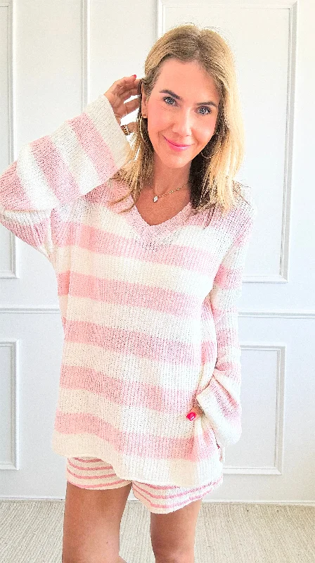 Striped V-Neck Sweater - L.Pink