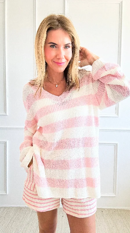 Striped V-Neck Sweater - L.Pink