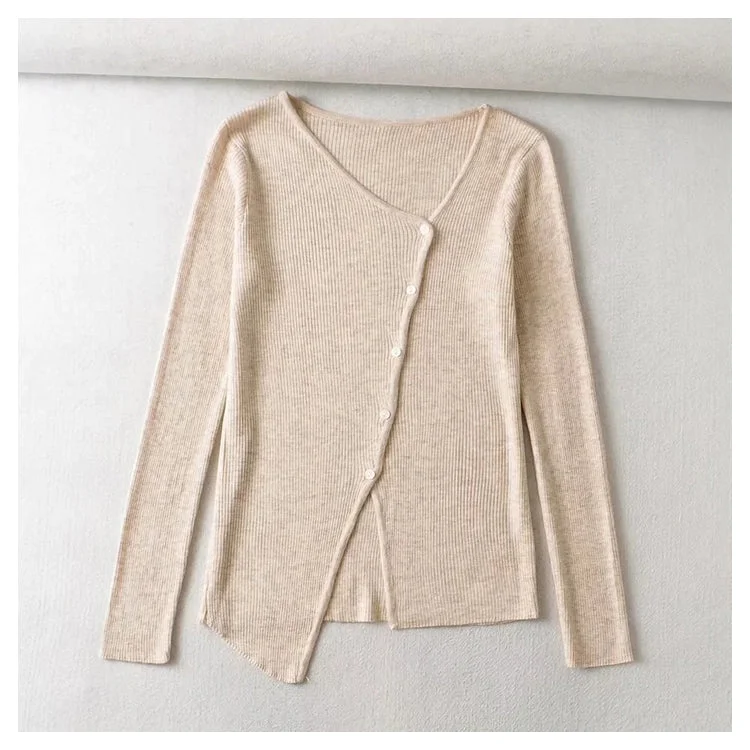 V-neck button irregular slim long sleeved sweater  7465