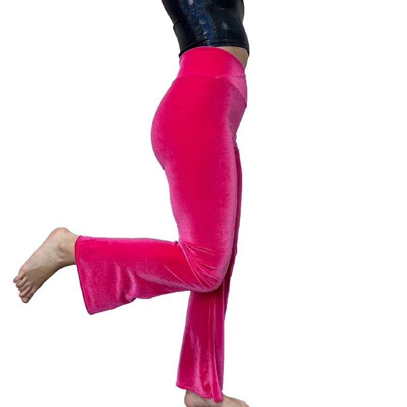 Crossover V-Waist Bootcut Flare Pants - Neon Hot Pink Velvet