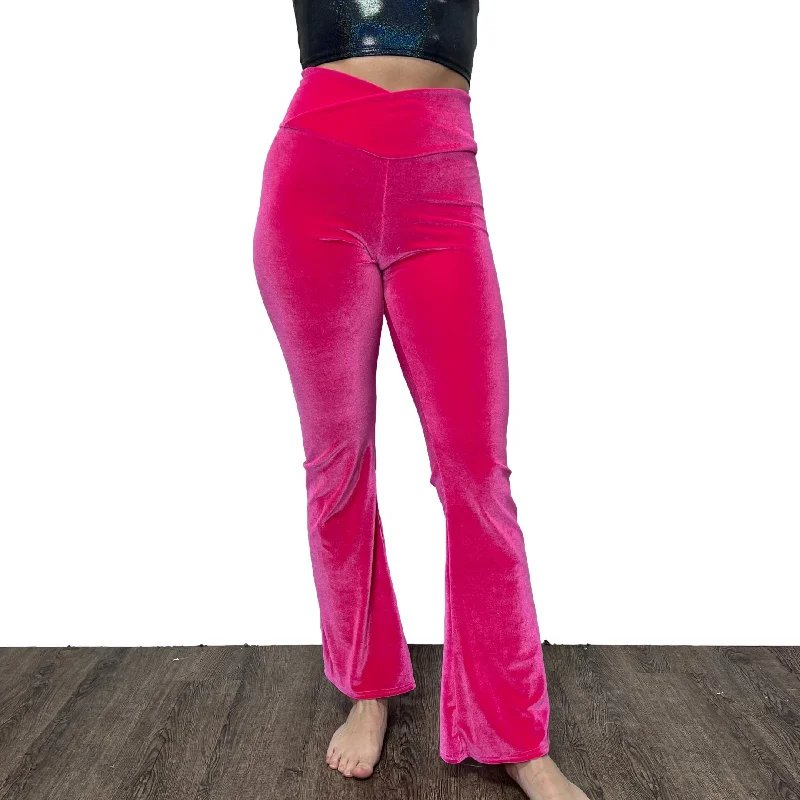 Crossover V-Waist Bootcut Flare Pants - Neon Hot Pink Velvet