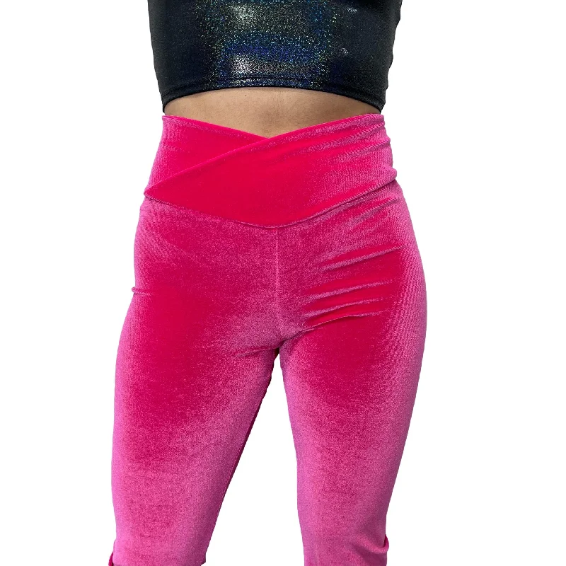 Crossover V-Waist Bootcut Flare Pants - Neon Hot Pink Velvet