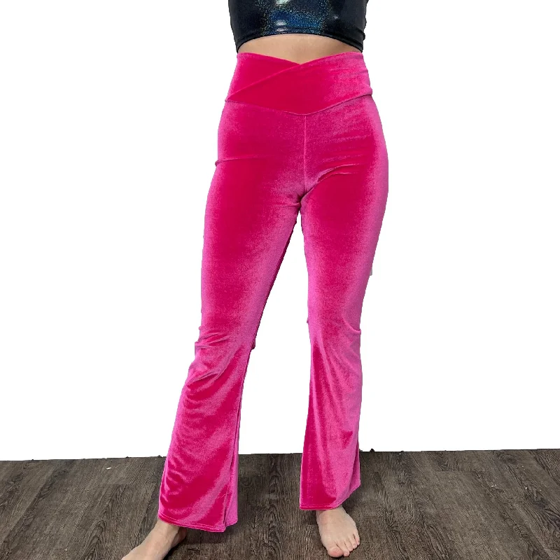 Crossover V-Waist Bootcut Flare Pants - Neon Hot Pink Velvet