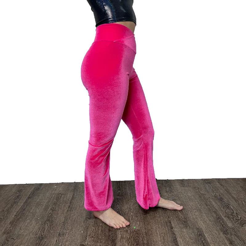 Crossover V-Waist Bootcut Flare Pants - Neon Hot Pink Velvet