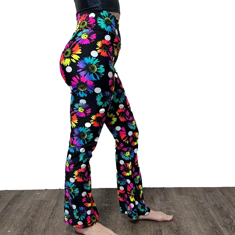 Crossover V-Waist Bootcut Flare Pants - Polka Dot Electric Daisy Print