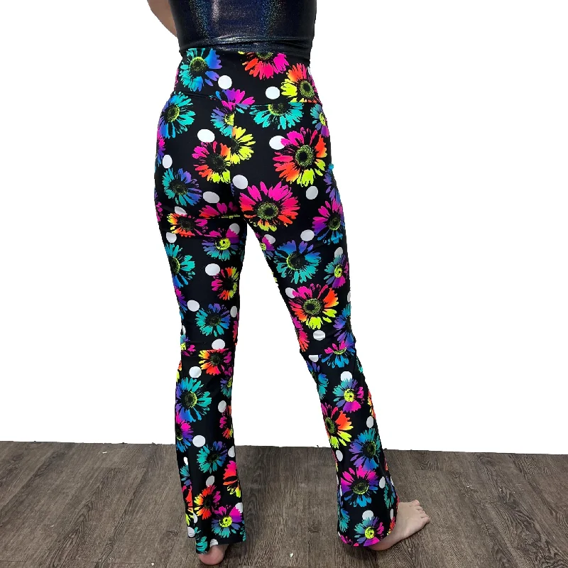 Crossover V-Waist Bootcut Flare Pants - Polka Dot Electric Daisy Print