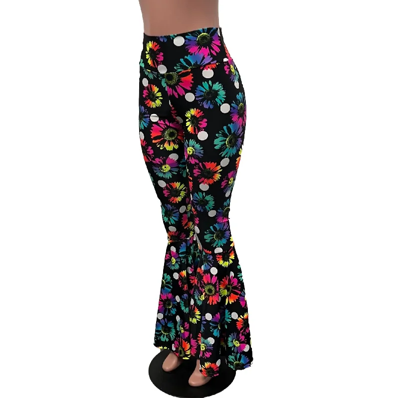 High Waist Bell Bottoms - Polka Dot Electric Daisy Neon