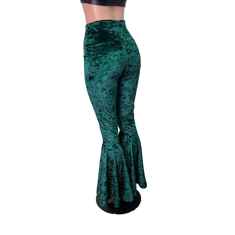 Hunter Green Crushed Velvet High Waist Lace-Up Bell Bottom Flares