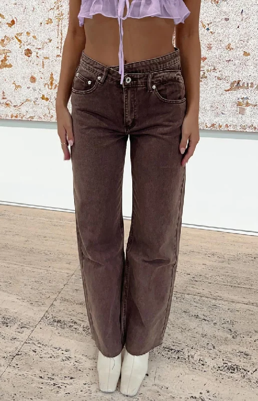 Kansis Brown Uneven Waist Jeans