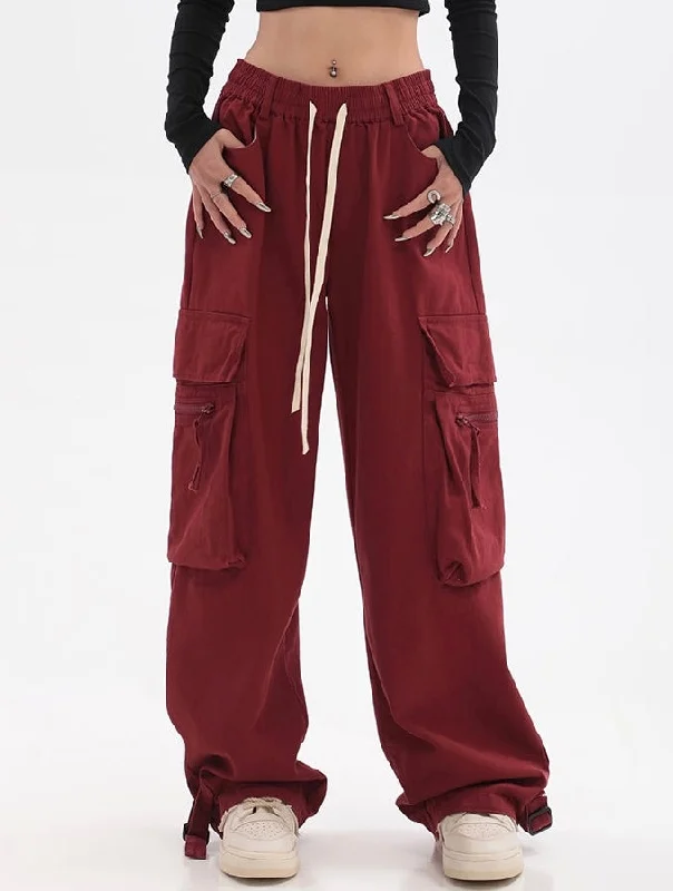 Layla Solid Color Red Straight Leg High Waist Multi-Pocket Cargo Pants