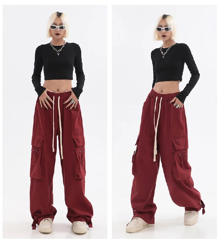 Layla Solid Color Red Straight Leg High Waist Multi-Pocket Cargo Pants