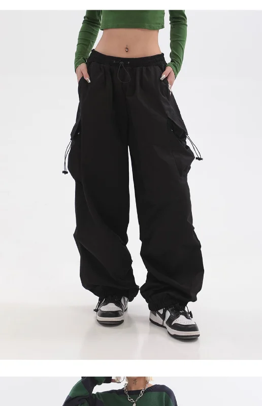 Neveah Solid Color Black Straight Leg High Waist Multi-Pocket Parachute Cargo Pants