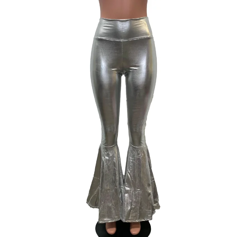 Silver Metallic High-Waisted Bell Bottoms